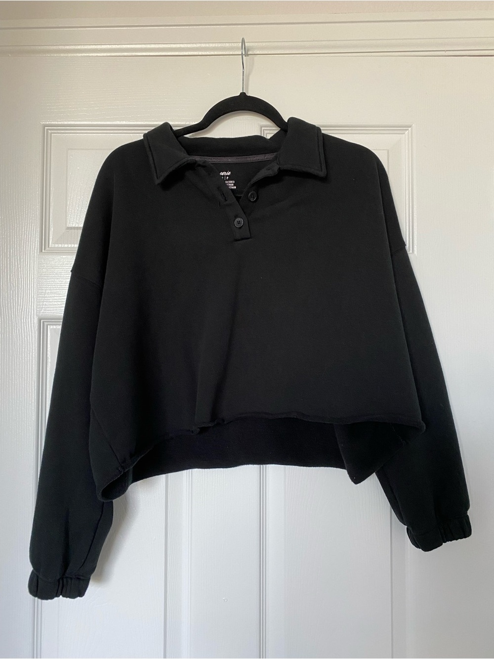 aerie Cropped Black Collared Sweatshirt